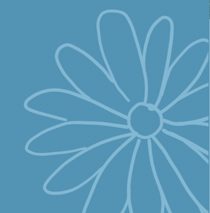 An illustration of a daisy drawn in light blue on a dark blue background.