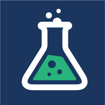 An icon of a white and green beaker on a navy blue background.