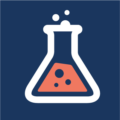 An icon of a white and salmon beaker on a navy blue background.