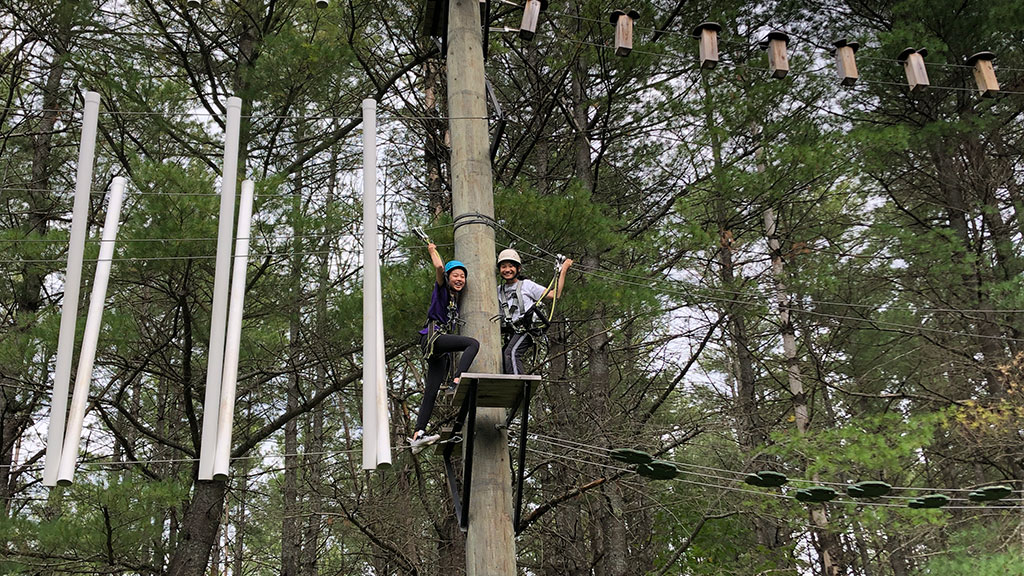 Two students do a treetop ropes course at Kilcoo Camp.