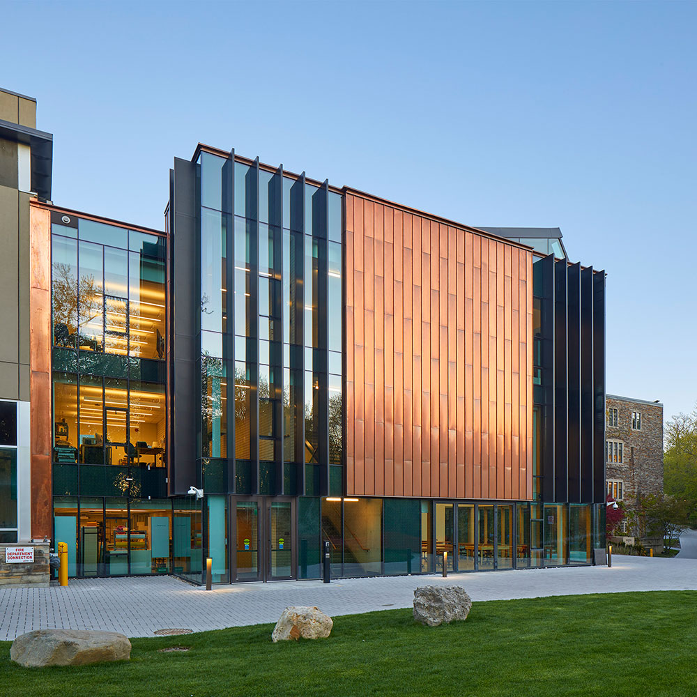 Exterior of Havergal's new wing at the Upper School featuring a copper and glass design.