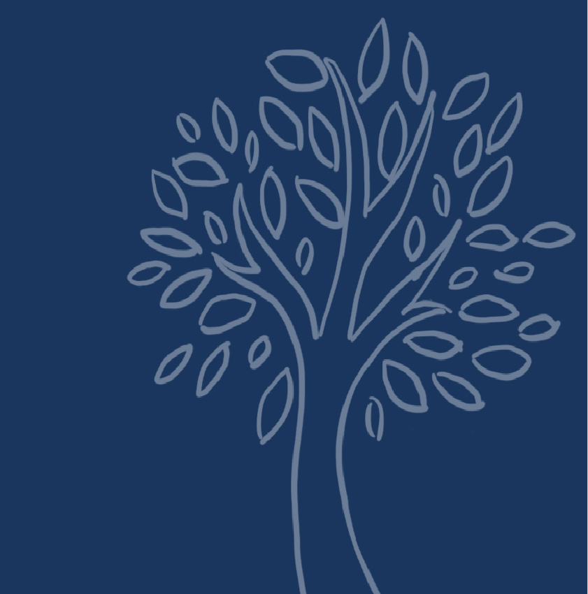 An illustration of a tree drawn in a light blue outline on a navy blue background.