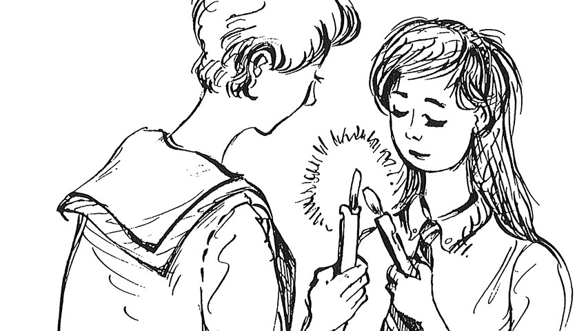 An illustration of one Havergal student lighting a candle held by another student.