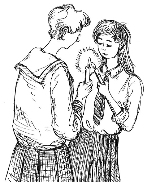 An illustration of two students holding candles.