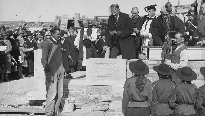 Black and white photo of the cornerstone being laid for Havergal's Upper School building in 1926.