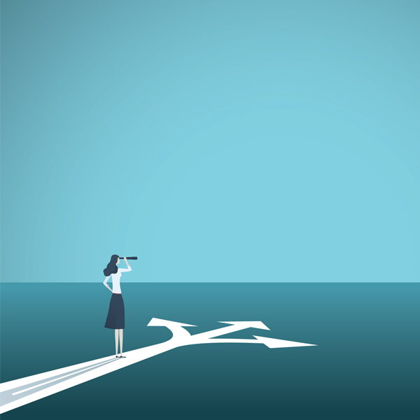 illustration of a woman standing at a crossroad with binoculars