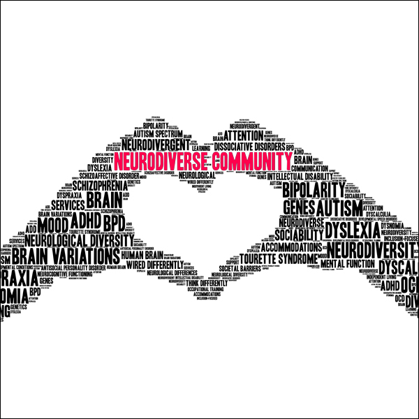 illustration of two hands making the shape of a heart with the words "Neurodiverse Community"