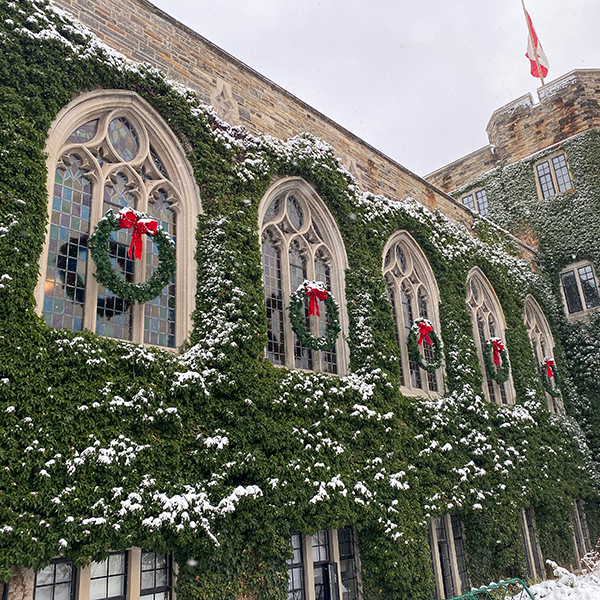 photo of the outside of Havergal College with snow and wreaths