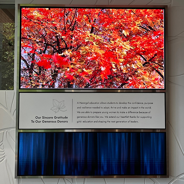 photo of the Donor Recognition Wall, which is an electronic wall with a photo of autumn leaves