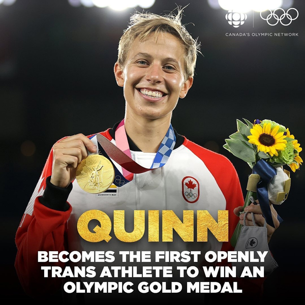 Image from the CBC announcing Quinn as the first openly trans athlete to win an Olympic Gold Medal