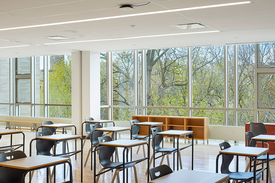 A classroom with a view of a Carolinian forest.