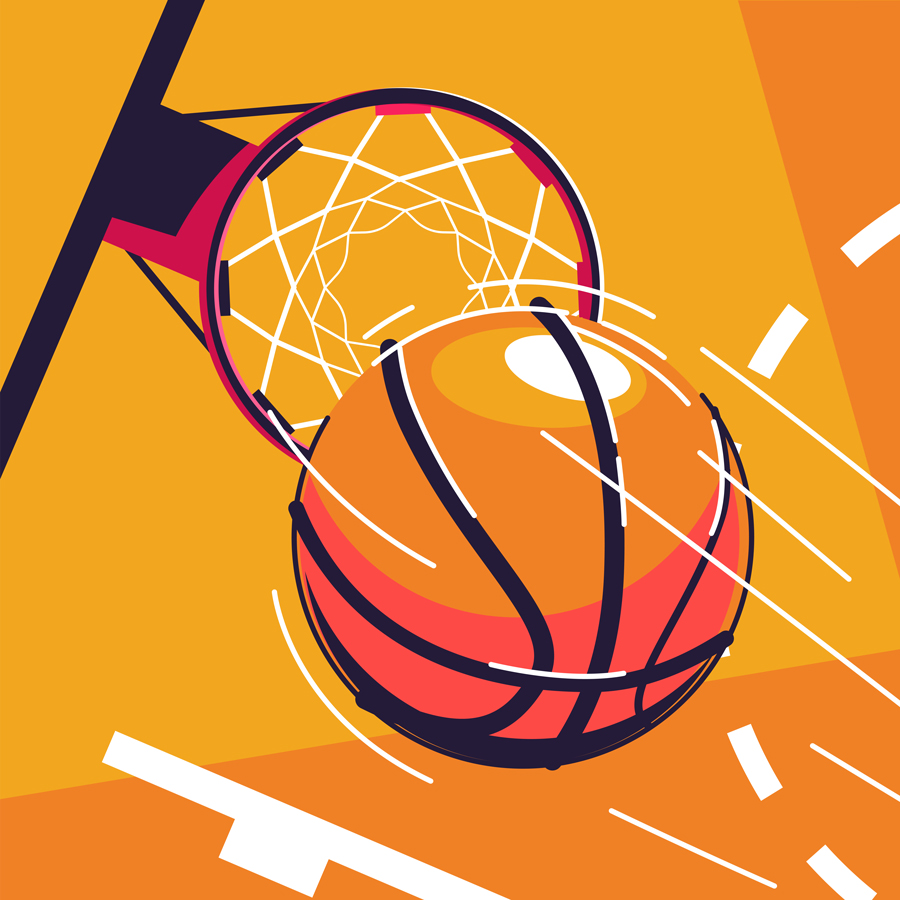 Illustration of a basketball going through a hoop.