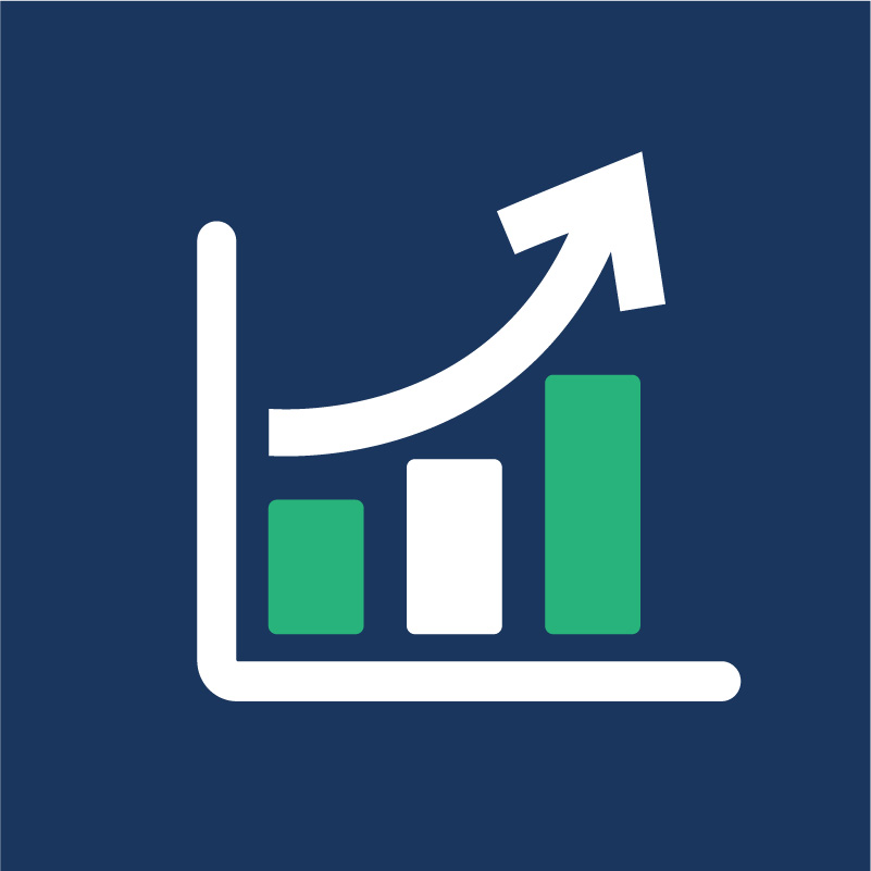 An icon of a white and green graph on a navy blue background.