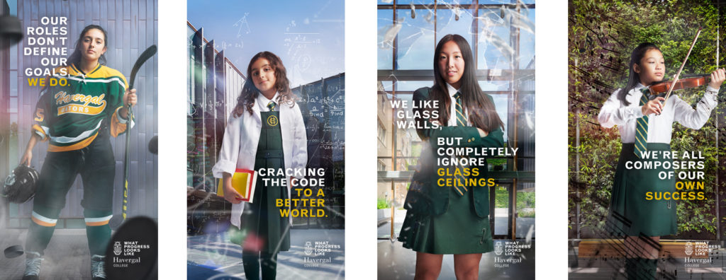 Havergal's four different advertisements, each focused on a different area: hockey, STEM, breaking the glass ceiling and music.