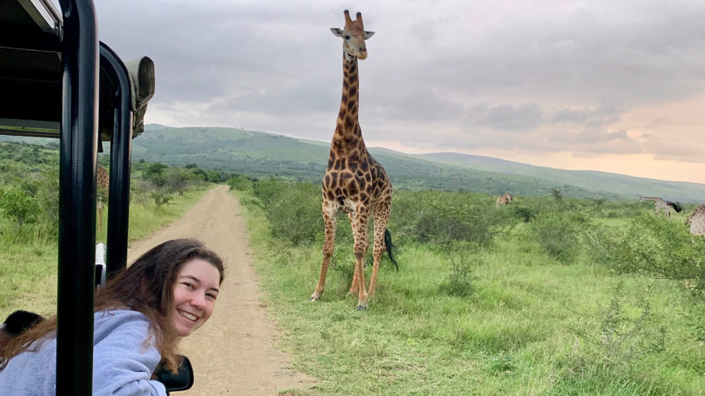 A student looks out of a car at a giraffe while on safari in South Africa.