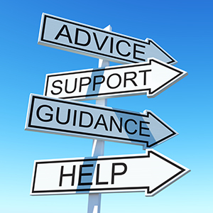 arrows on a sign pointing to "Advice," "Support," "Guidance" and "Help."