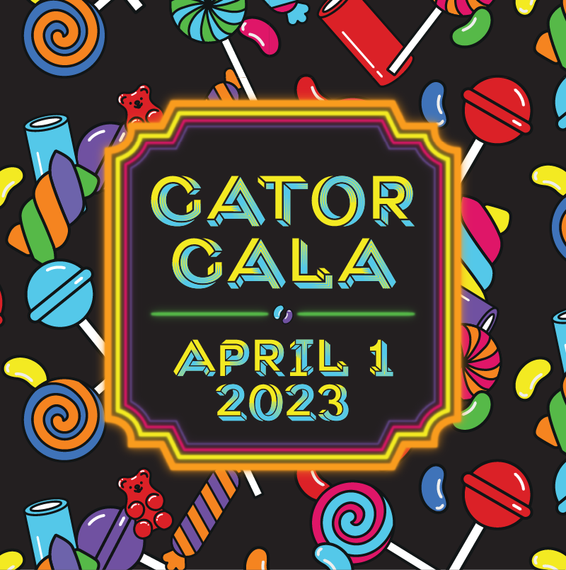 Gator Gala logo, colourful with candy illustrations.