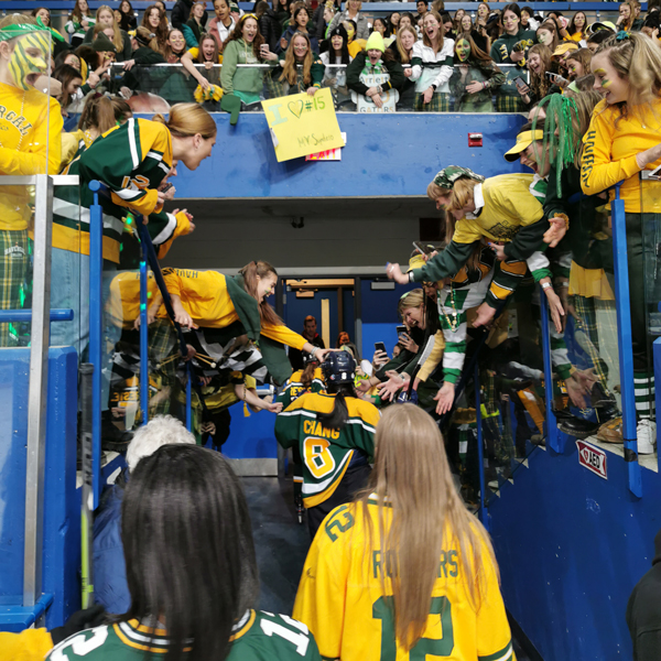 Hockey players being cheered on by fans