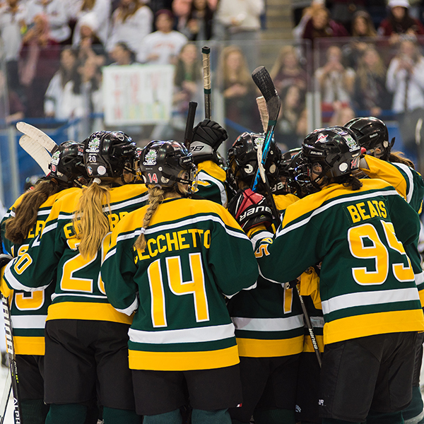 Hockey team in a huddle on the ice.