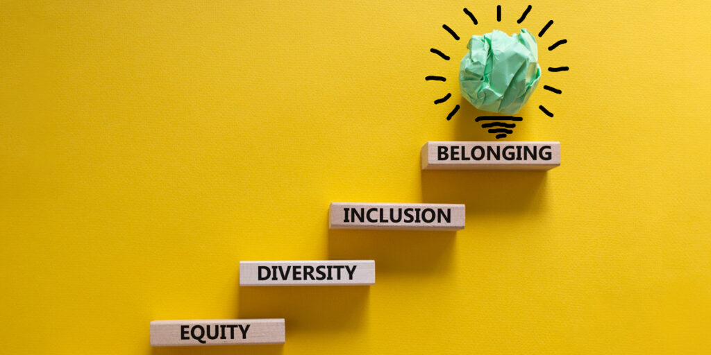 Photo of blocks with the words "Equity, Diversity, Inclusion and Belonging" with a lightbulb over "Belonging"