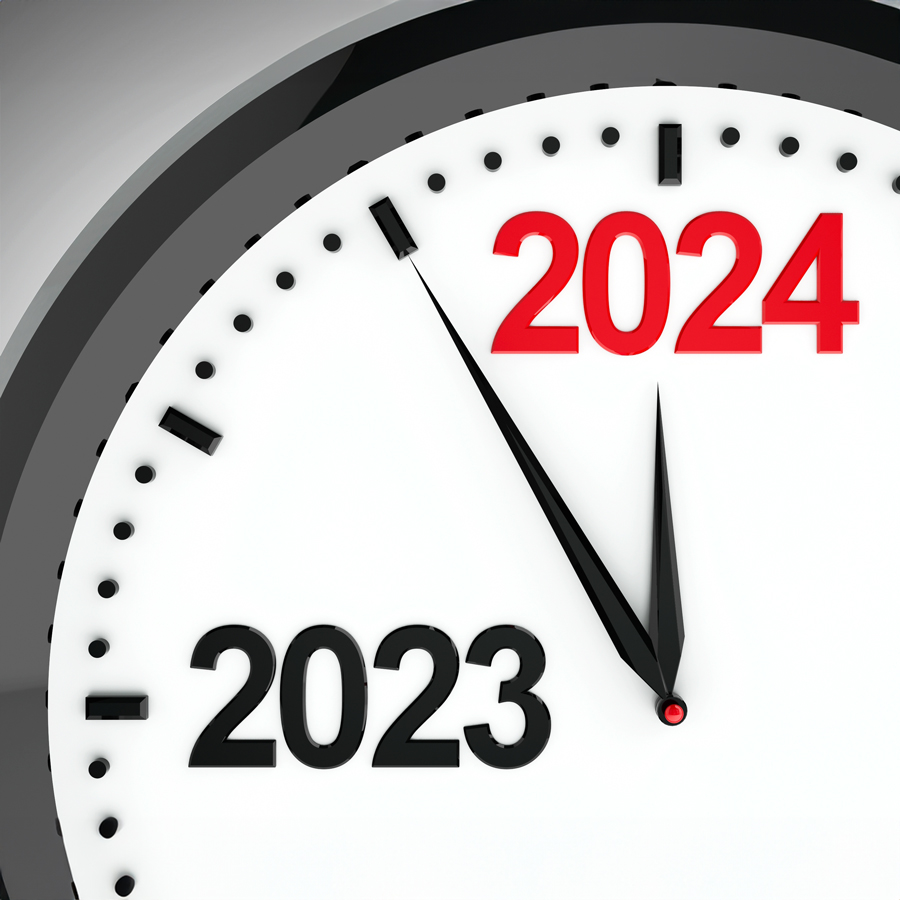 stock image of a clock ticking toward 2024