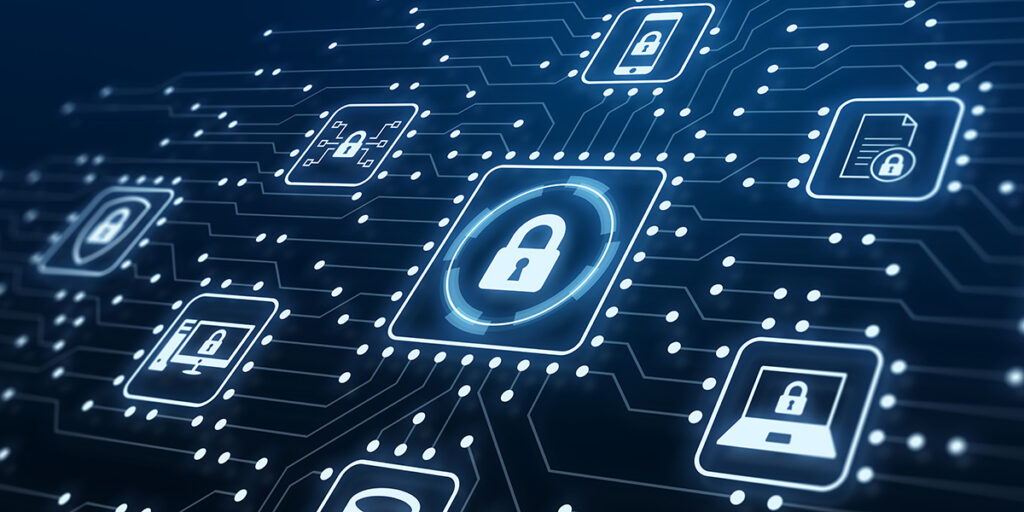 Graphic of different technology icons with locks on them, symbolizing cybersecurity.