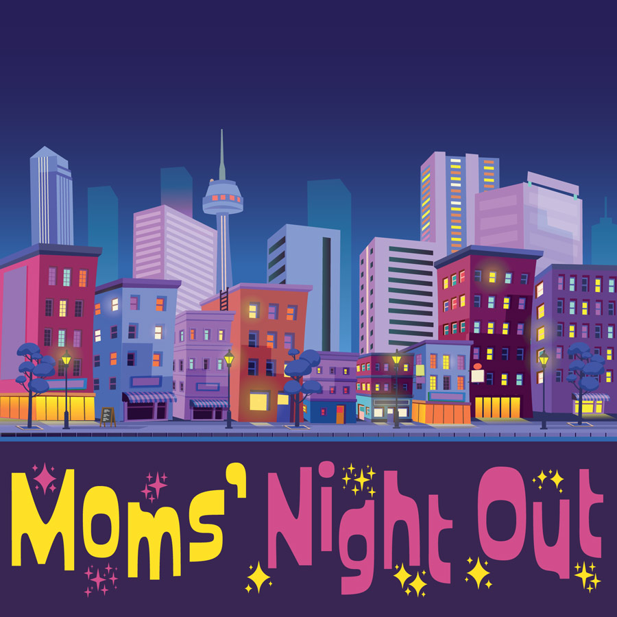 Moms' Night Out event graphic of a city skyline