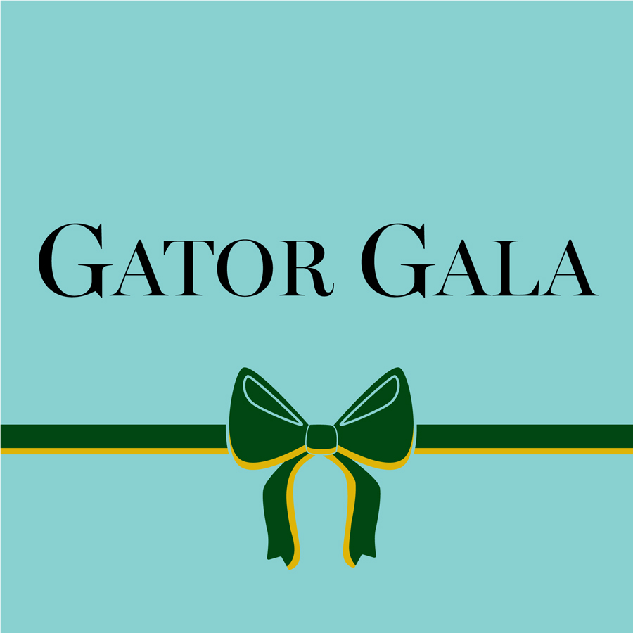 Graphic that says "Gator Gala" and has a green bow on it.