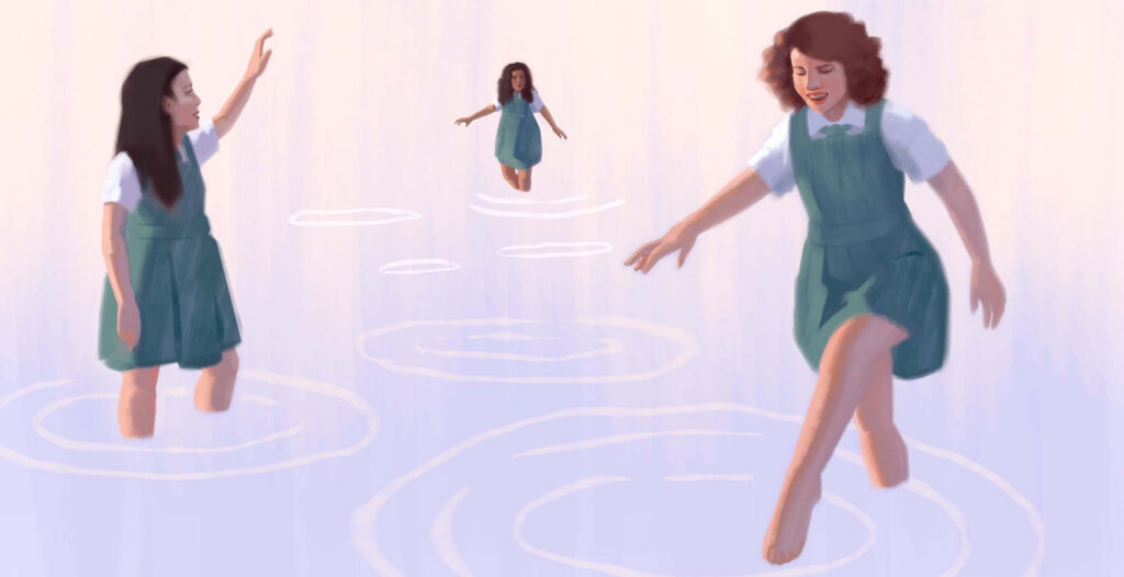 An illustration of alumni stepping in a pond.