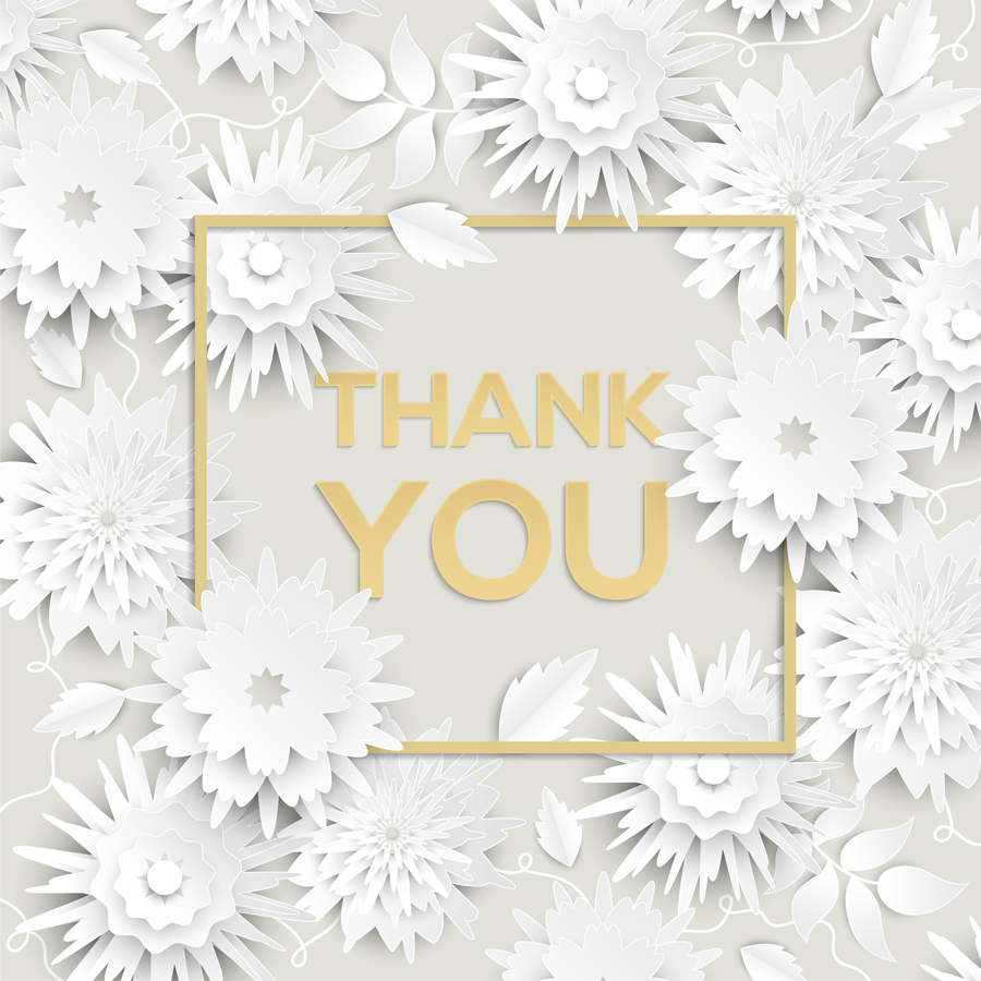 Graphic with paper flowers that says "Thank You"